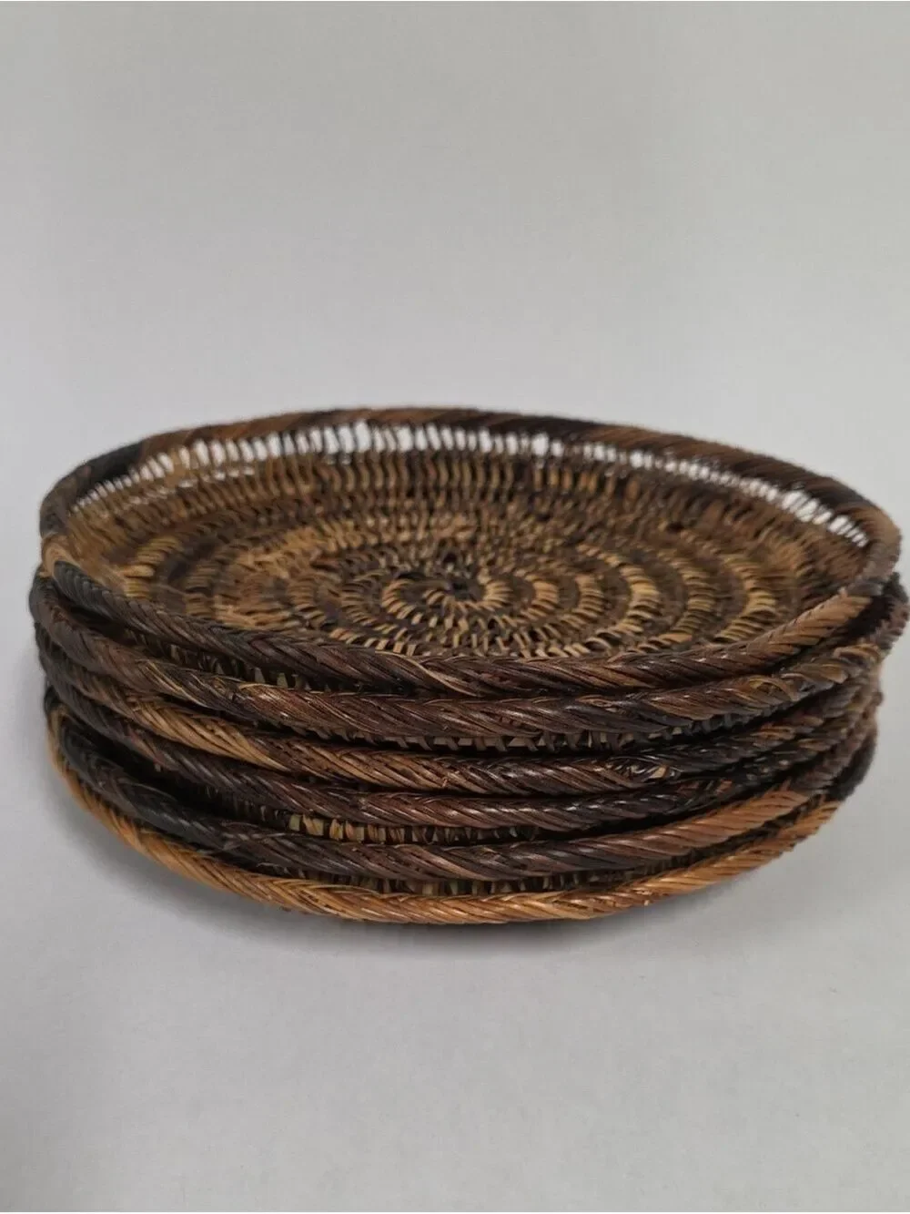 Boho Tiki Wicker Rattan Round Serving Plate Brown/Tan - Set Of (6) Picnic BBQ